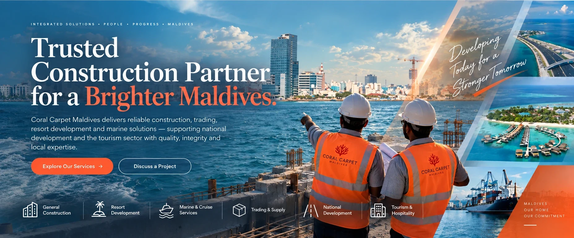 Coral Carpet Maldives team in safety vests overlooking a Maldives city skyline and waterfront construction